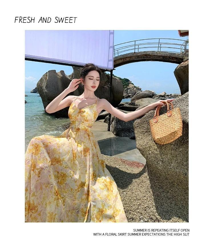 Spaghetti Strap V-Neck Cutout Floral Print Maxi A-Line Dress Product Image