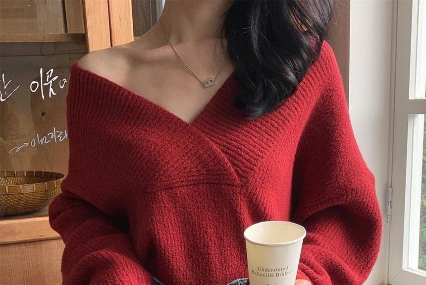 V-Neck Plain Sweater Product Image