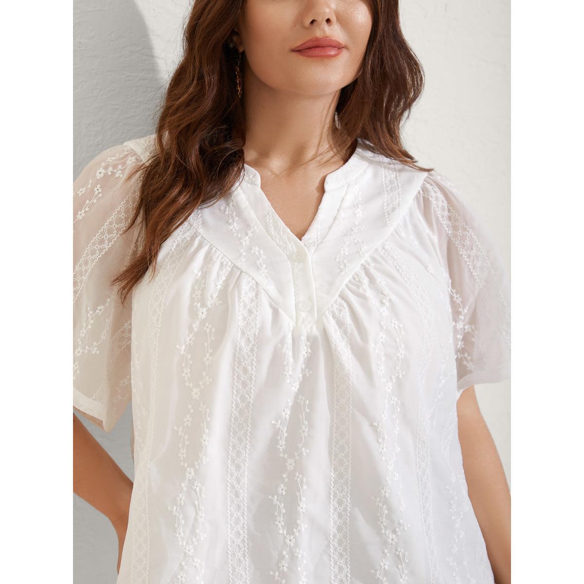 Plus Size Beige Embroidered Notched Collar Sheer Blouse Women Short sleeve Flat collar with V-notch Vacation Blouses BloomChic 22-24/3X Product Image