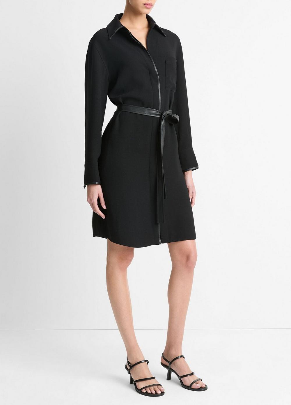 Womens Faux-Leather-Trim Shirt Dress, Black, Size L Vince Product Image