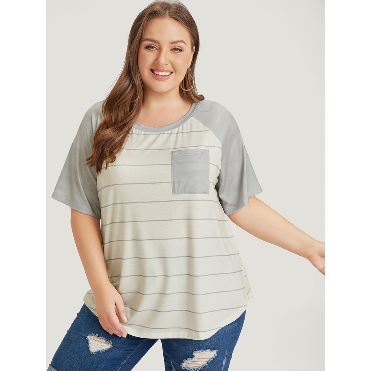 Plus Size Striped Patched Pocket Raglan Sleeve T-shirt Gray Women Casual Striped Round Neck Dailywear T-shirts BloomChic 30/6X Product Image