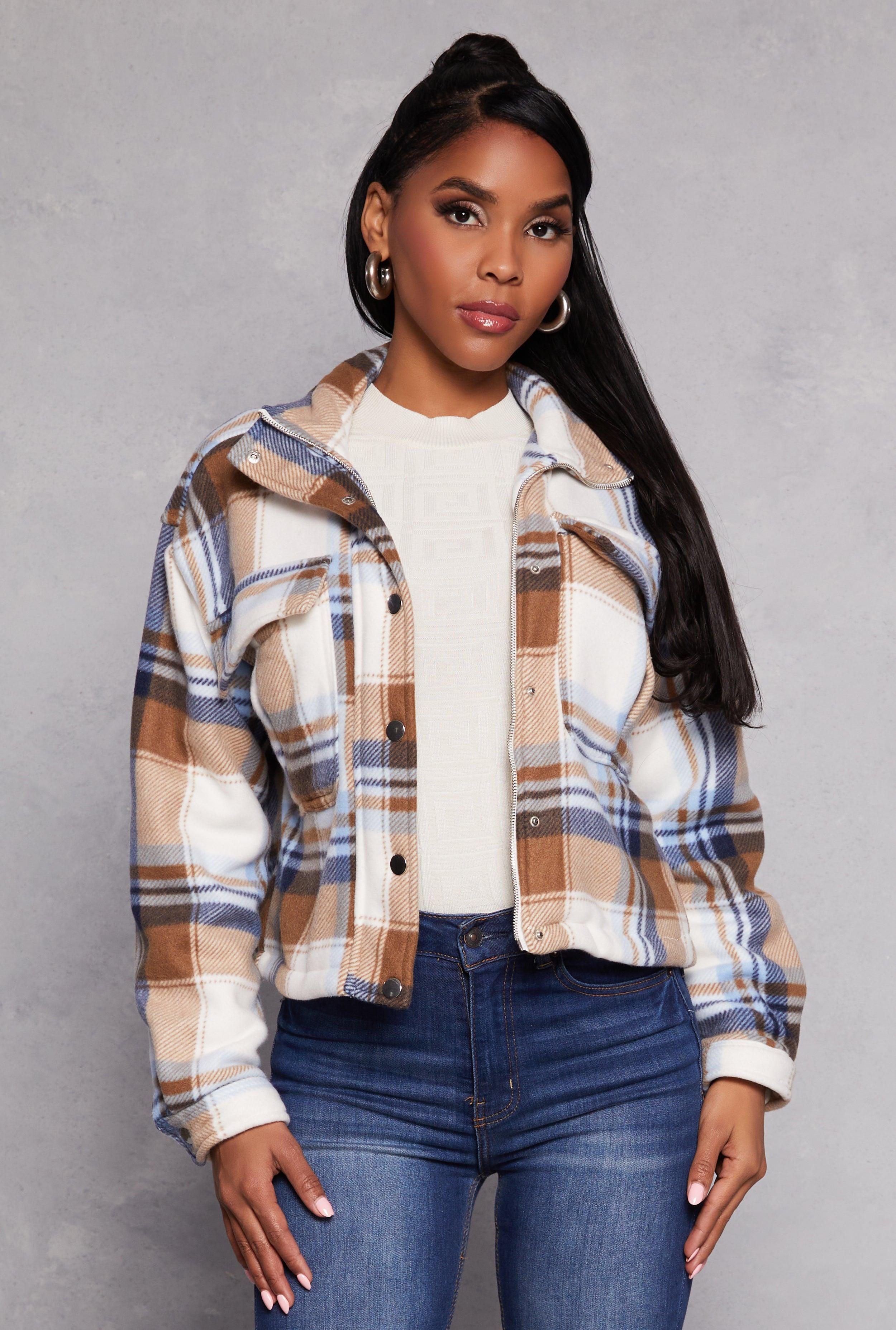 Womens Plaid Snap Button Zip Front Shacket Product Image