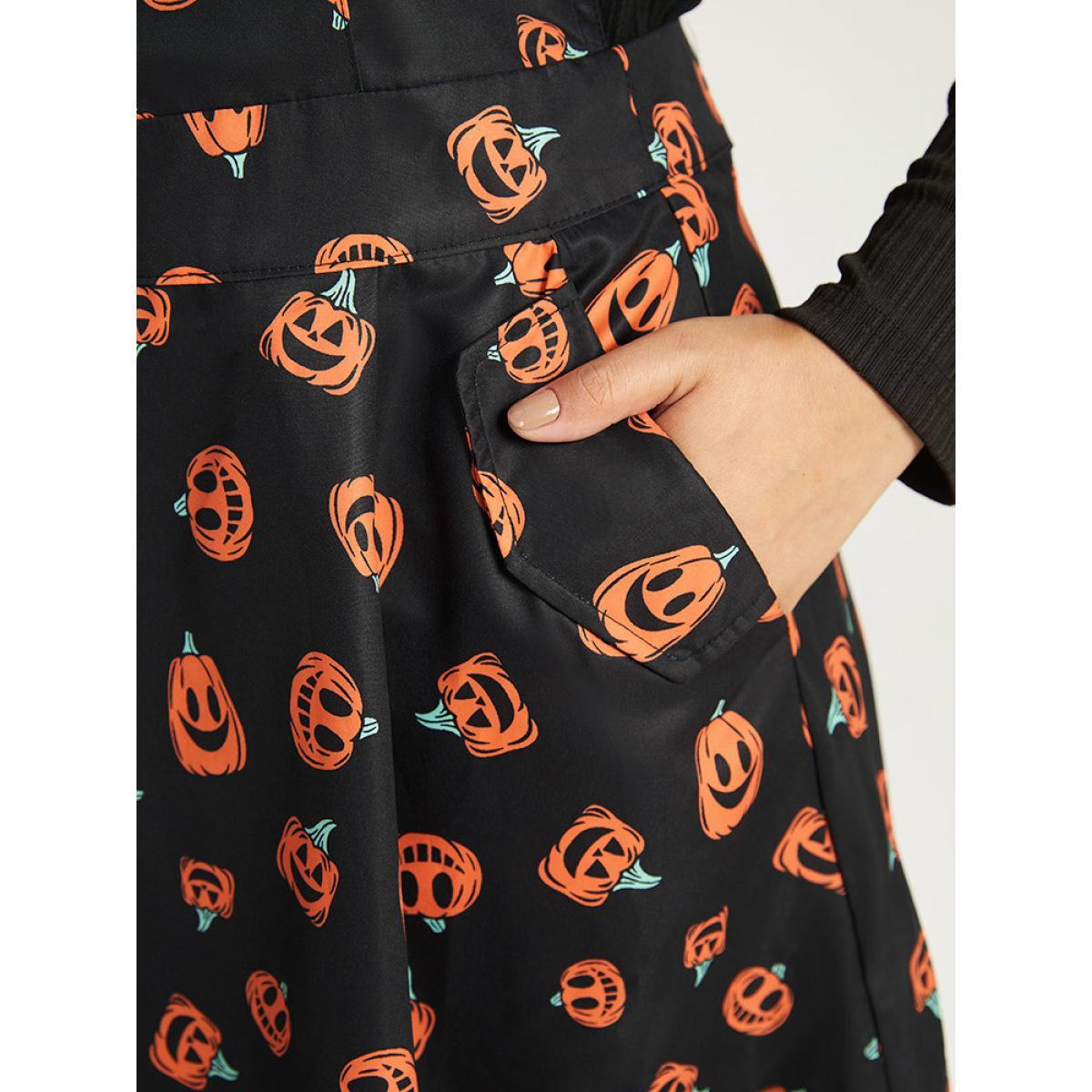 Plus Size Halloween Pocket Pumpkin Print Overall Cami Dress DarkGreen Women Casual Adjustable Straps Spaghetti Strap Sleeveless Curvy Midi Dress BloomChic 18-20/2X Product Image