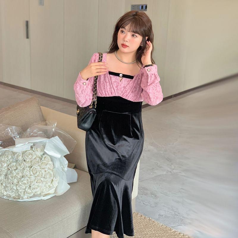 Plus Size Long Sleeve Square Neck Floral Two Tone Midi A-Line Dress Product Image
