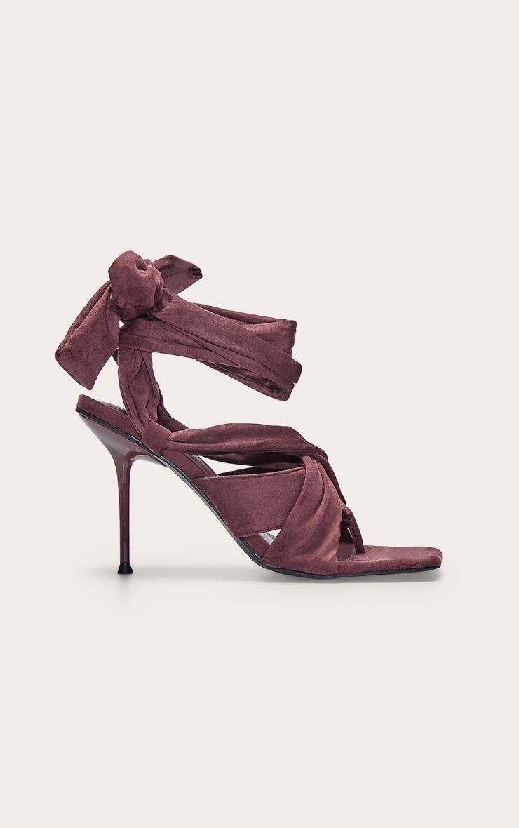 Chocolate Faux Suede Square Toe Thong Lace Up High Stiletto Heeled Sandals Product Image