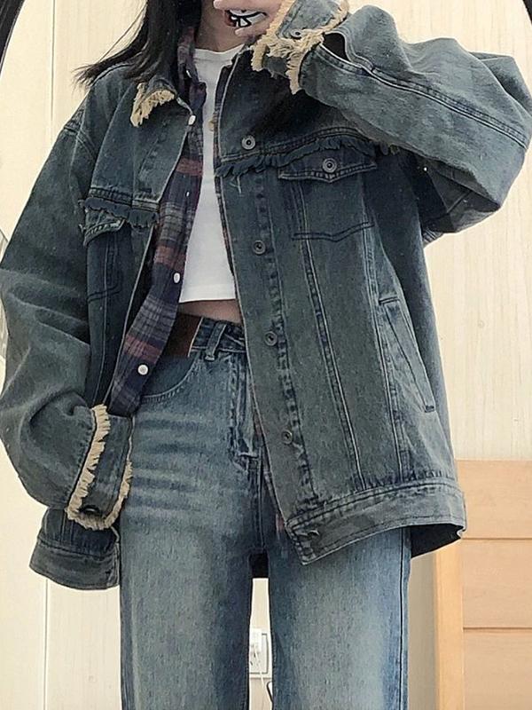 Vintage Denim Raw Edge Embellished Jacket Product Image