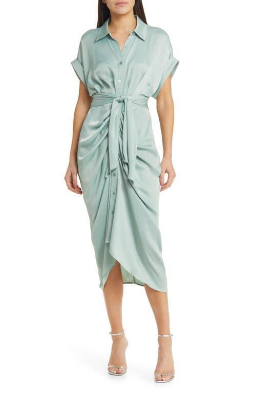 Steve Madden Tori Satin Point Collar Short Kimono Cuff Sleeve Belted Ruched Front Asymmetrical Hem Midi Shirt Dress Product Image