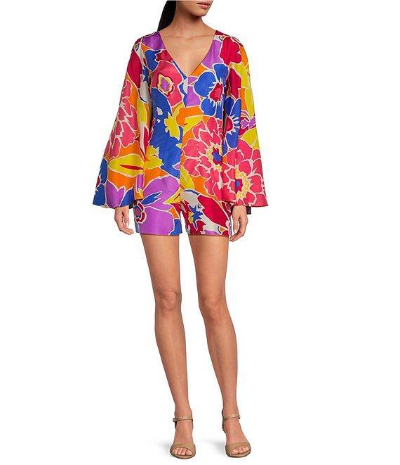 Trina Turk Miera Floral Print V-Neck Long Bell Sleeve Romper Product Image