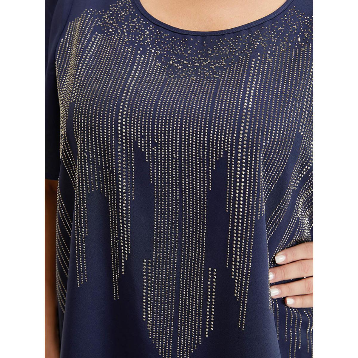 Plus Size Aegean Plain Rhinestones Detail Ruffles Sleeve Blouse Women Party Short sleeve Round Neck Dailywear Blouses BloomChic 18-20/2X Product Image