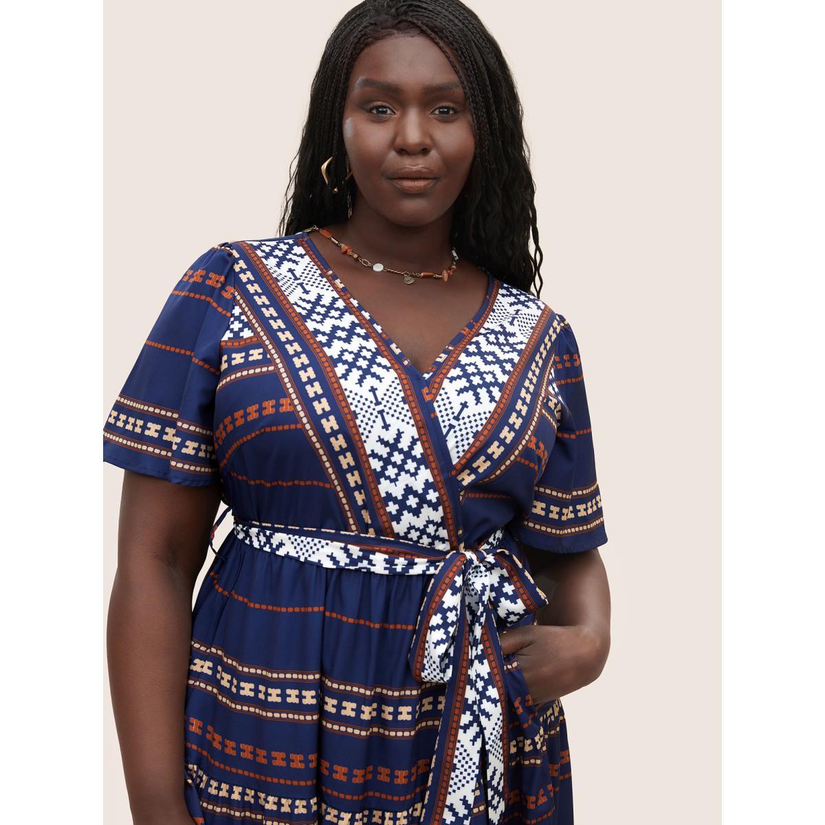 Plus Size Boho Print Wrap Flutter Sleeve Belted Dress DarkBlue Women Resort Overlapping Overlap Collar Short sleeve Curvy Midi Dress BloomChic 28/5X Product Image