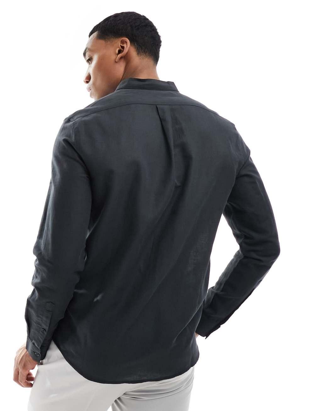 ASOS DESIGN smart linen regular shirt with deep grandad collar in black Product Image