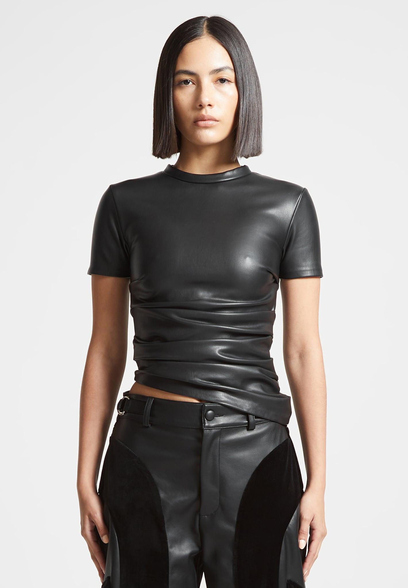 Leather Ruched T-Shirt - Black Female Product Image