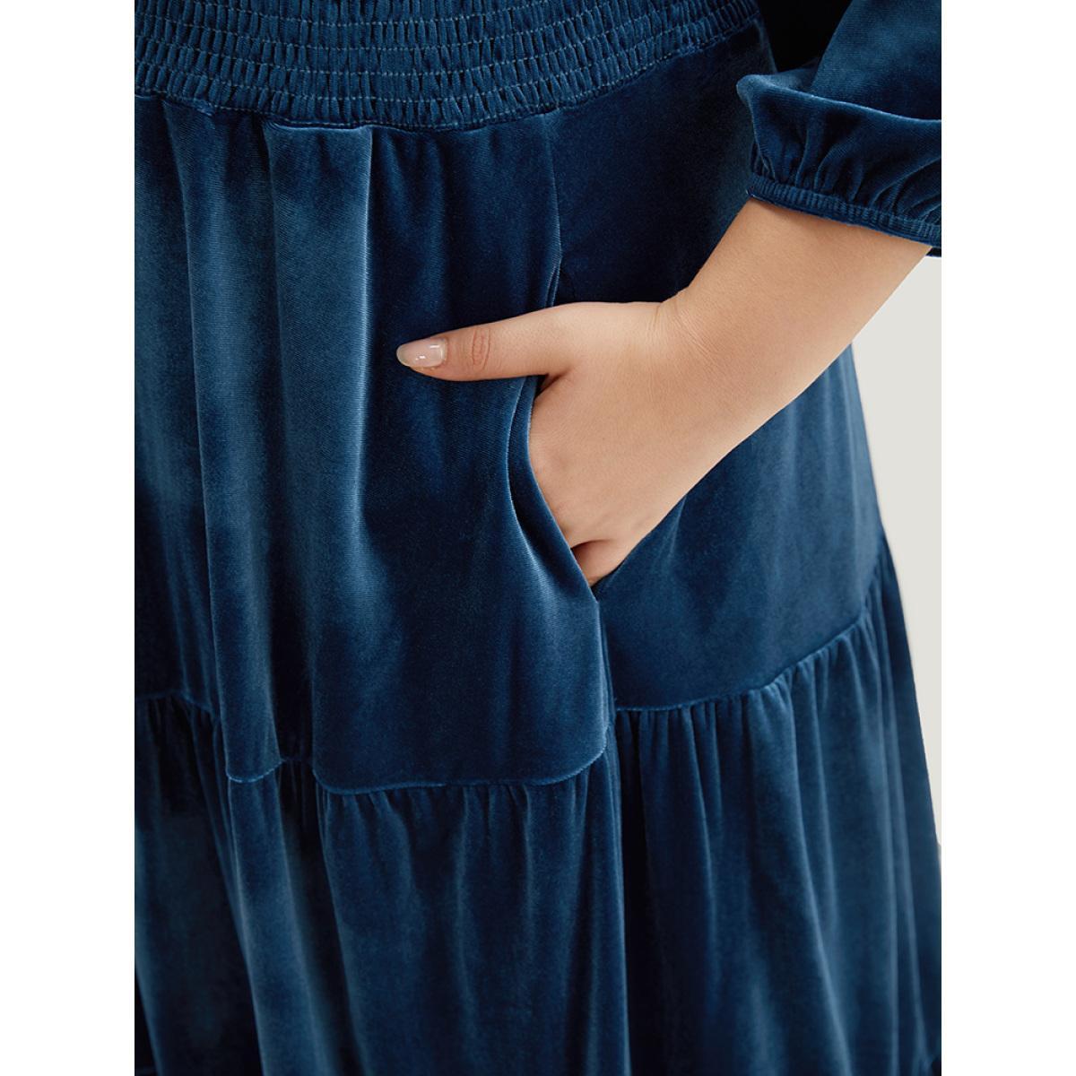 Plus Size Velvet Solid Notched Shirred Tiered Hem Dress Cerulean Women Vacation Elastic cuffs Notched collar Elbow-length sleeve Curvy Midi Dress BloomChic 28/5X Product Image