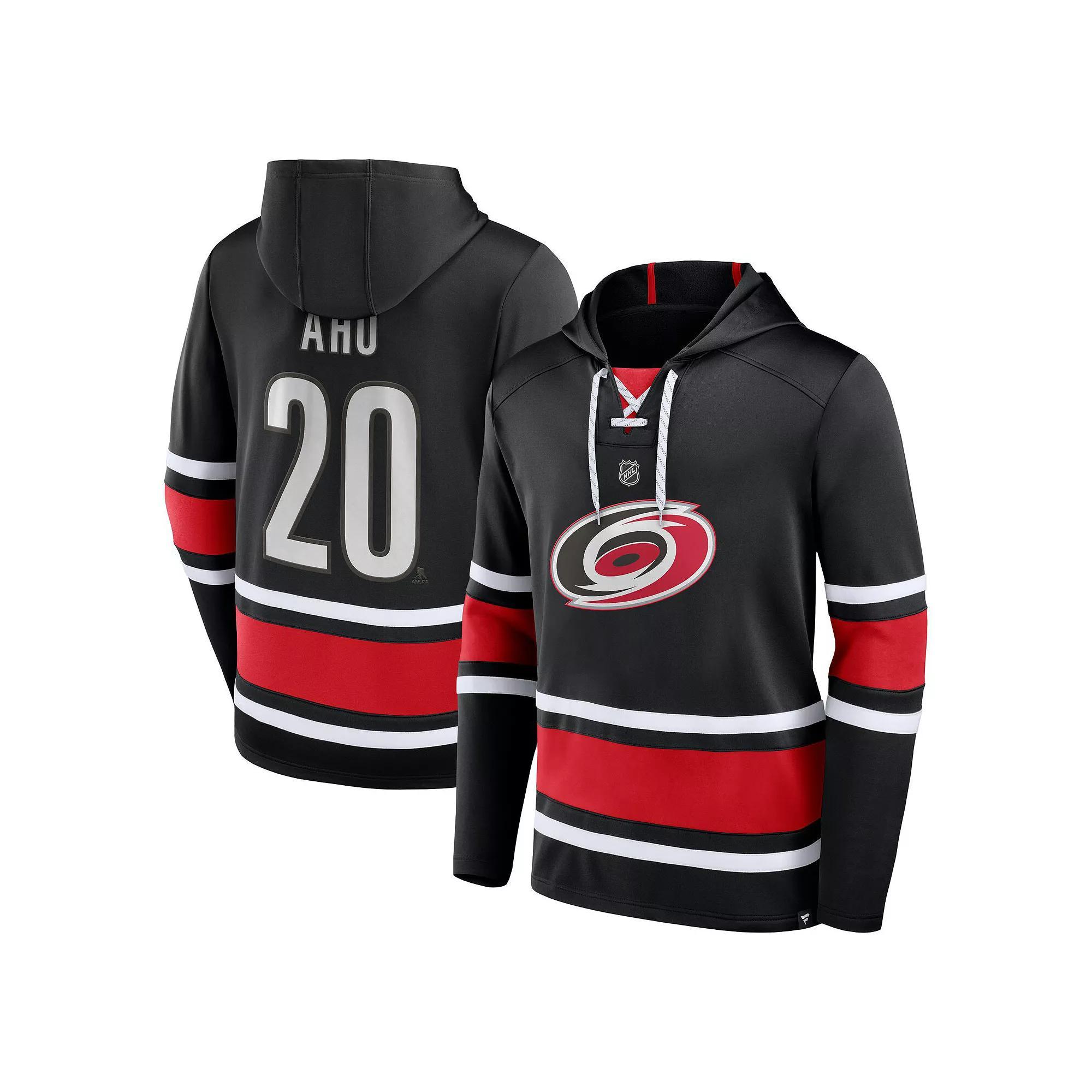 Men's Fanatics Branded Sebastian Aho Black Carolina Hurricanes Name & Number Lace-Up Pullover Hoodie, Size: 3XL Product Image