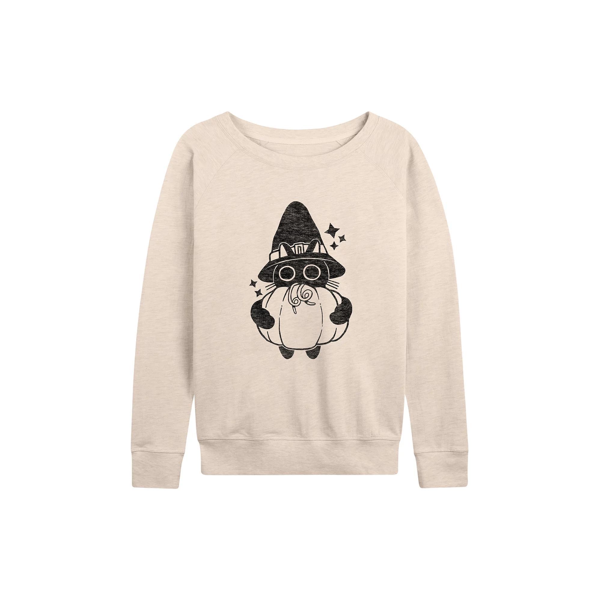 Womens Witch Cat With Pumpkin Halloween French Terry Long Sleeve Tee Grey Green Product Image