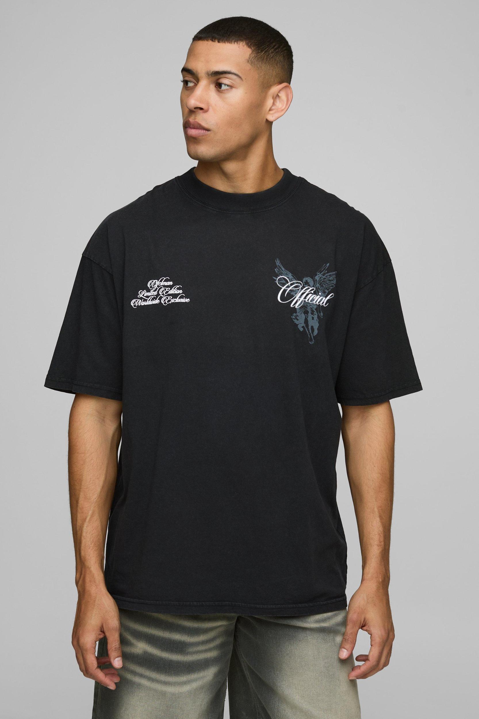 Black Oversized Extended Neck Official Renaissance Washed T-Shirt | boohooMAN USA Product Image