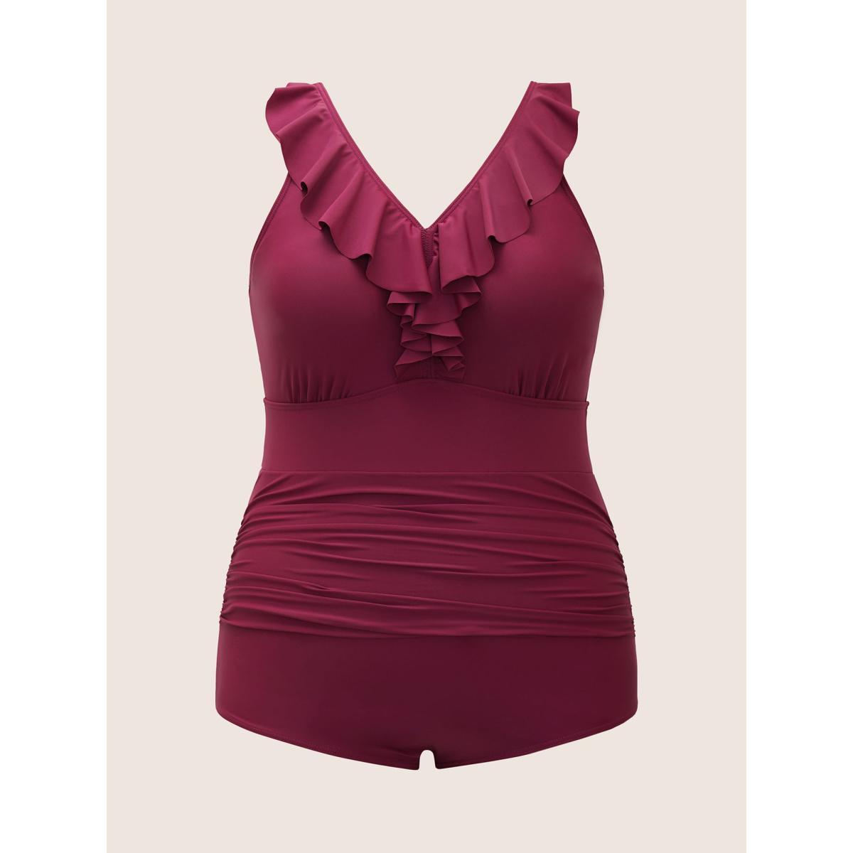 Plus Size Plain Ruffle Trim Gathered Sleeveless One Piece Swimsuit Women's Swimwear RedViolet Beach Gathered Curve Bathing Suits High stretch One Pieces BloomChic 10/M Product Image