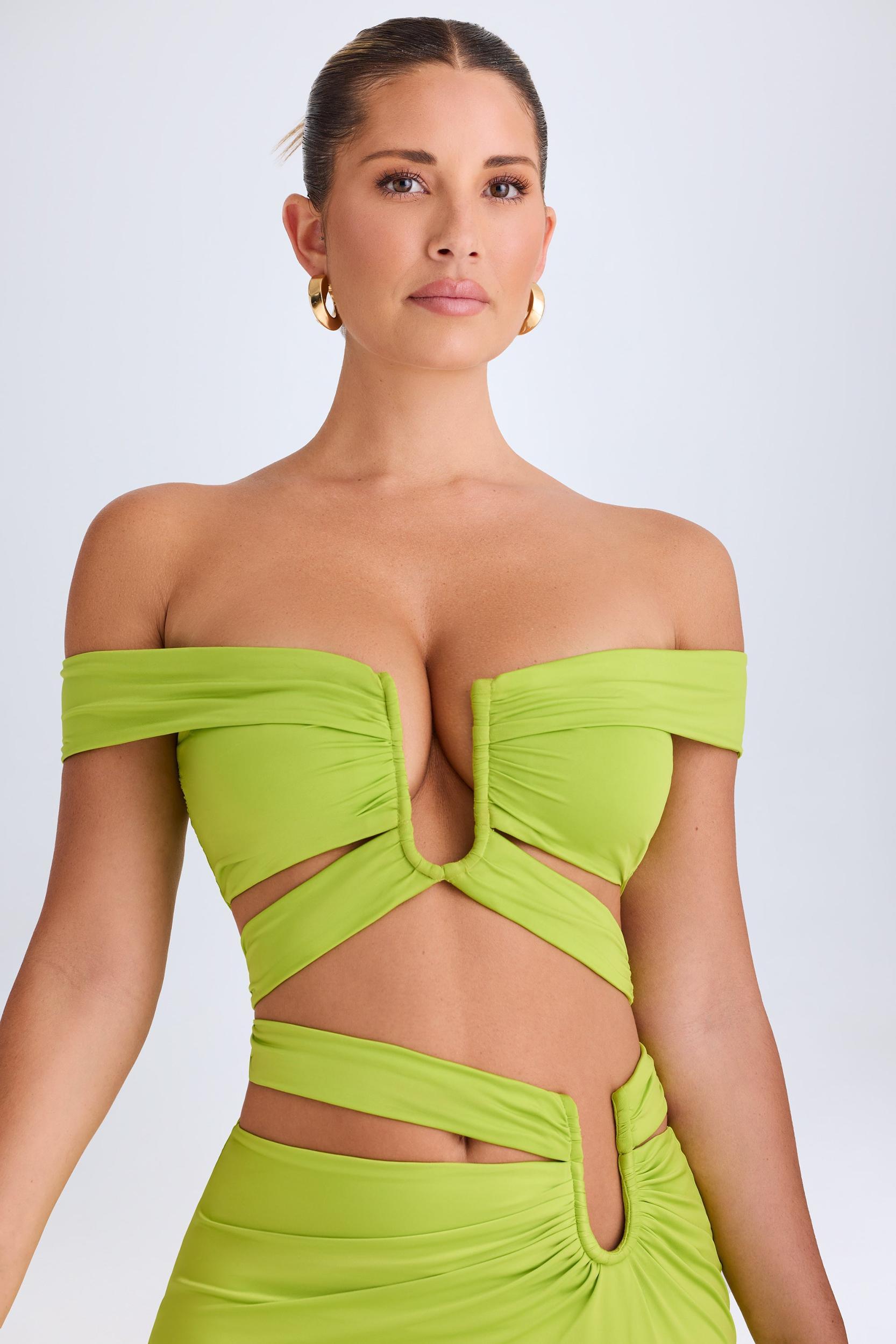 Cut-Out Off-Shoulder Crop Top in Lime Green Product Image