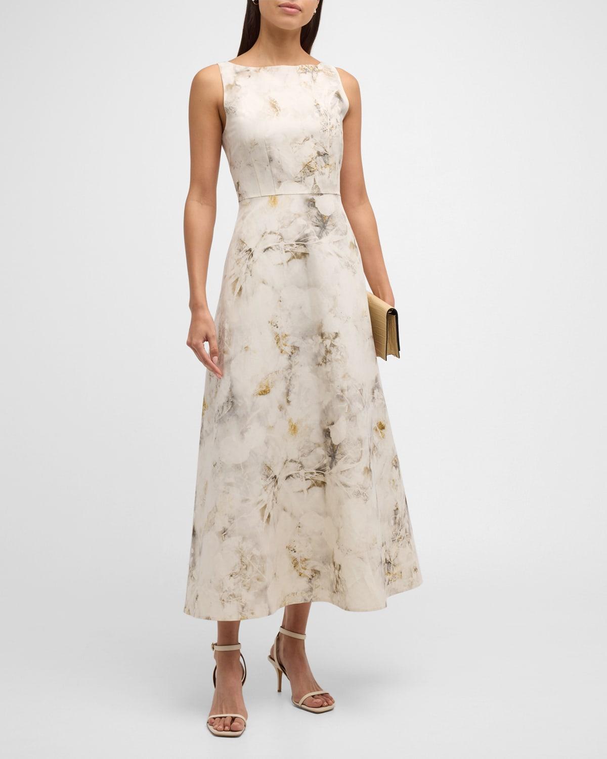 Womens Printed Silk & Linen-Blend Midi-Dress Product Image