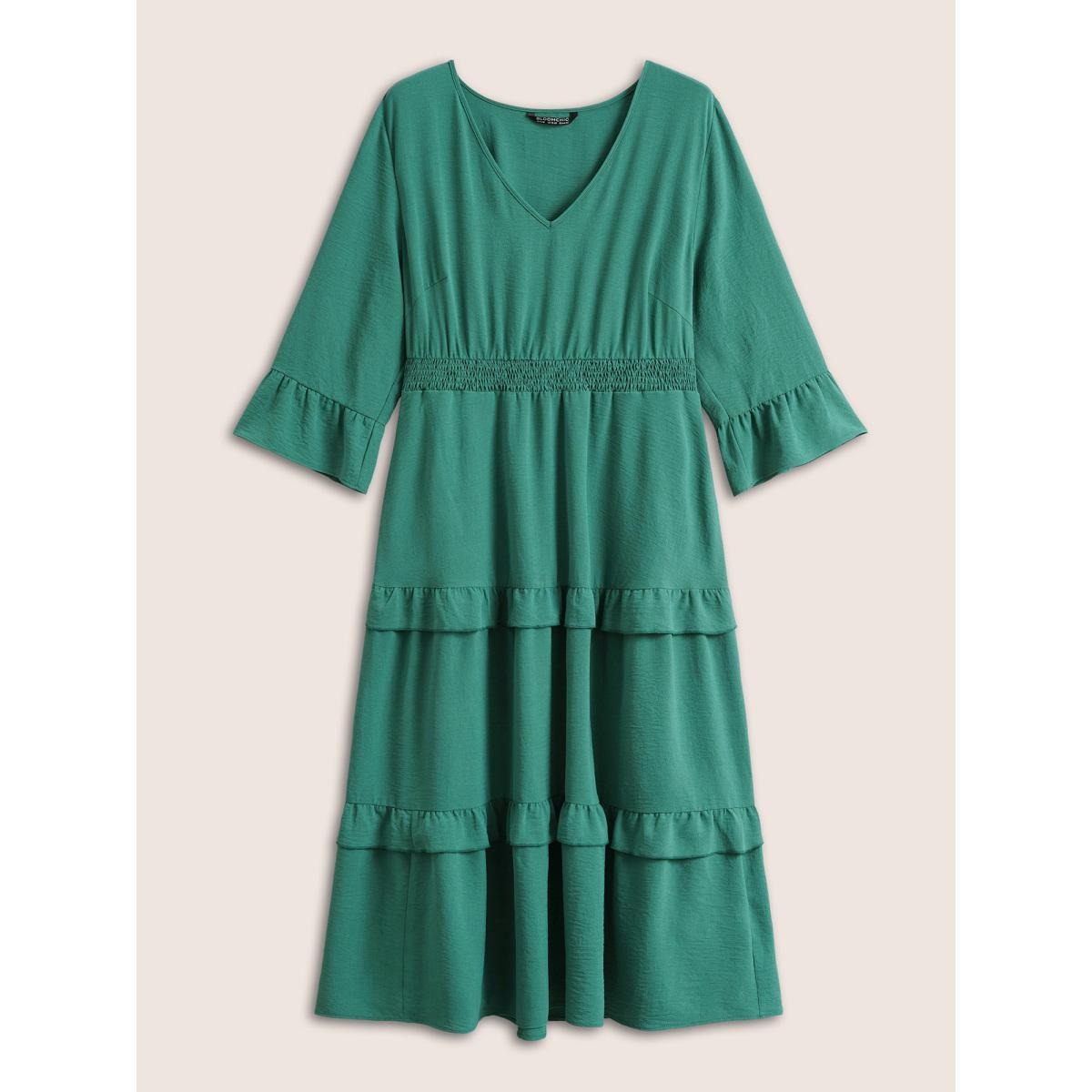 Plus Size Plain Shirred Flutter Layered Hem Dress Emerald Women Elegant Non V-neck Elbow-length sleeve Curvy Midi Dress BloomChic 10/M Product Image