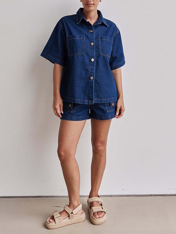 Loose Short Sleeves Split-Joint Lapel Blouses&Shirts Tops Product Image
