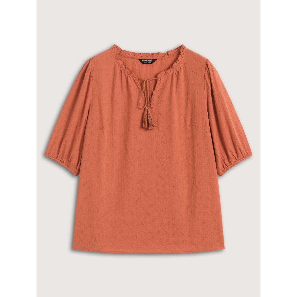 Plus Size Brightorange Pure Cotton Textured Tassel Blouse Women Elbow-length sleeve V-neck Everyday-Elegant Blouses BloomChic 14-16/1X Product Image