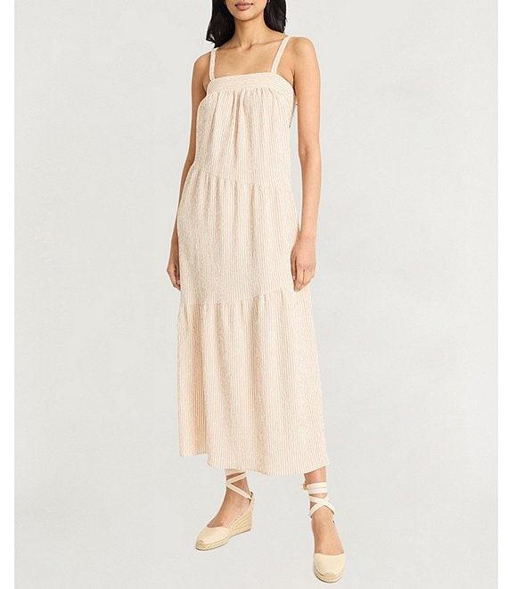 The Good Journey Woven Stripe Square Neck Asymmetrical Tiered Shift Midi Dress Product Image