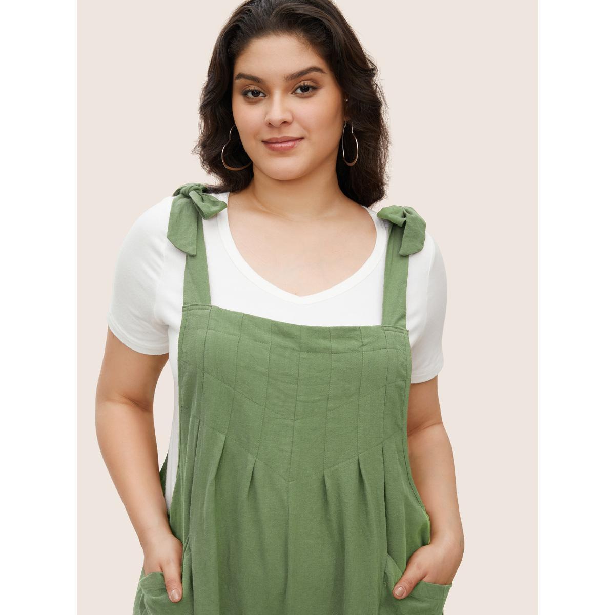 Plus Size Moss Solid Pleated Detail Pocket Knotted Shoulder Overall Jumpsuit Women Casual Sleeveless Non Everyday Loose Jumpsuits BloomChic 26/4X Product Image