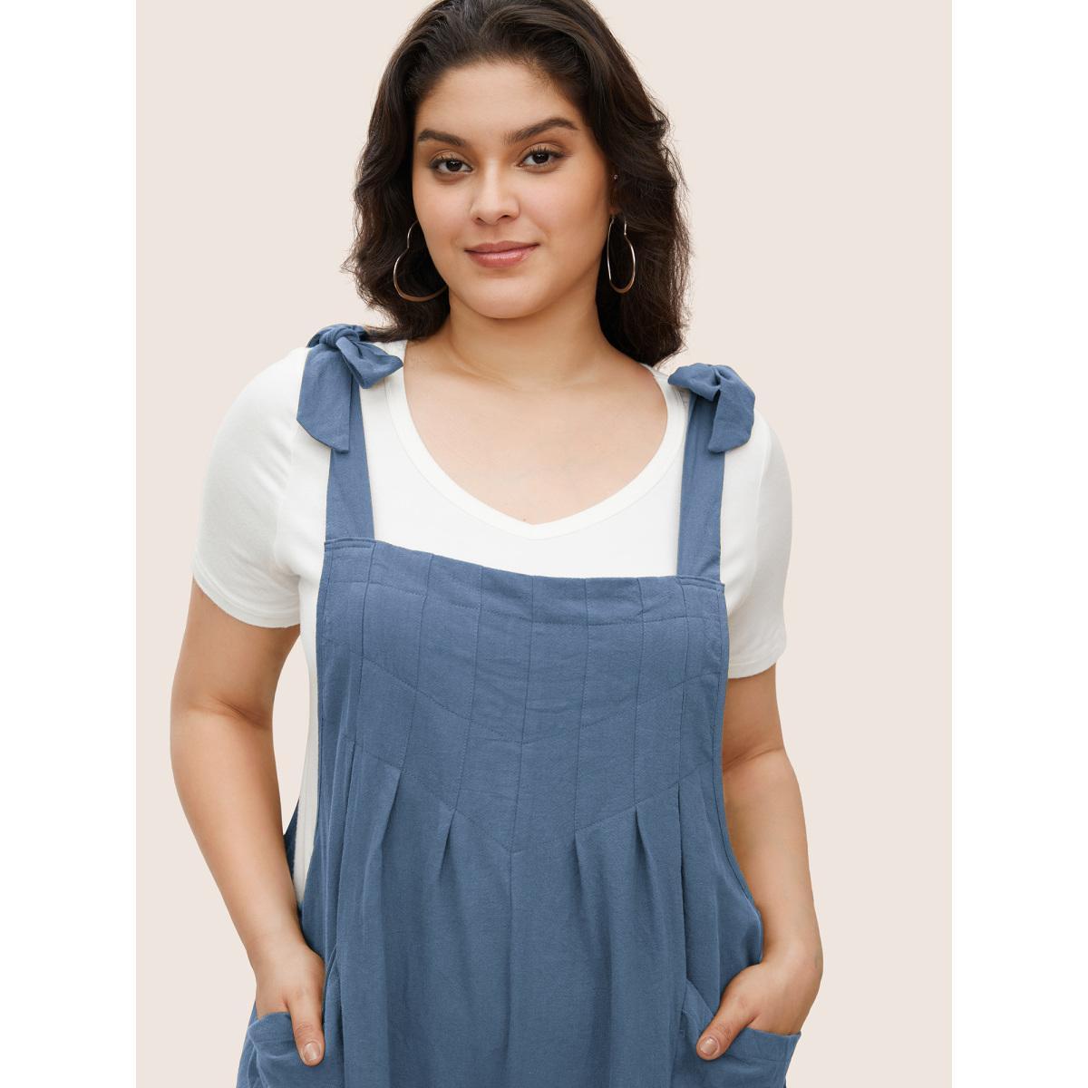 Plus Size Stone Solid Pleated Detail Pocket Knotted Shoulder Overall Jumpsuit Women Casual Sleeveless Non Everyday Loose Jumpsuits BloomChic 12/L Product Image