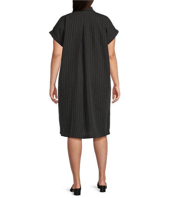 Eileen Fisher Plus Pinstripe Notch Collar Cap Sleeve Button Front Shirt Dress Product Image