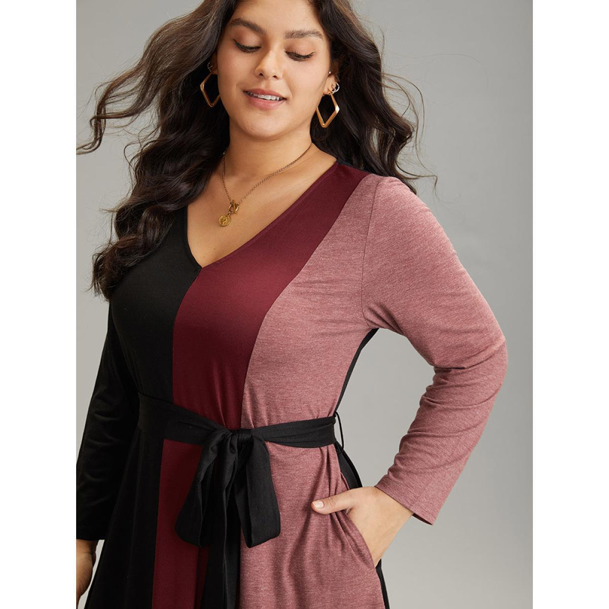 Plus Size Colorblock Patchwork Belted Pocket Long Sleeve Dress Multicolor Women Casual Belted V-neck Long Sleeve Curvy Midi Dress BloomChic 12/L Product Image