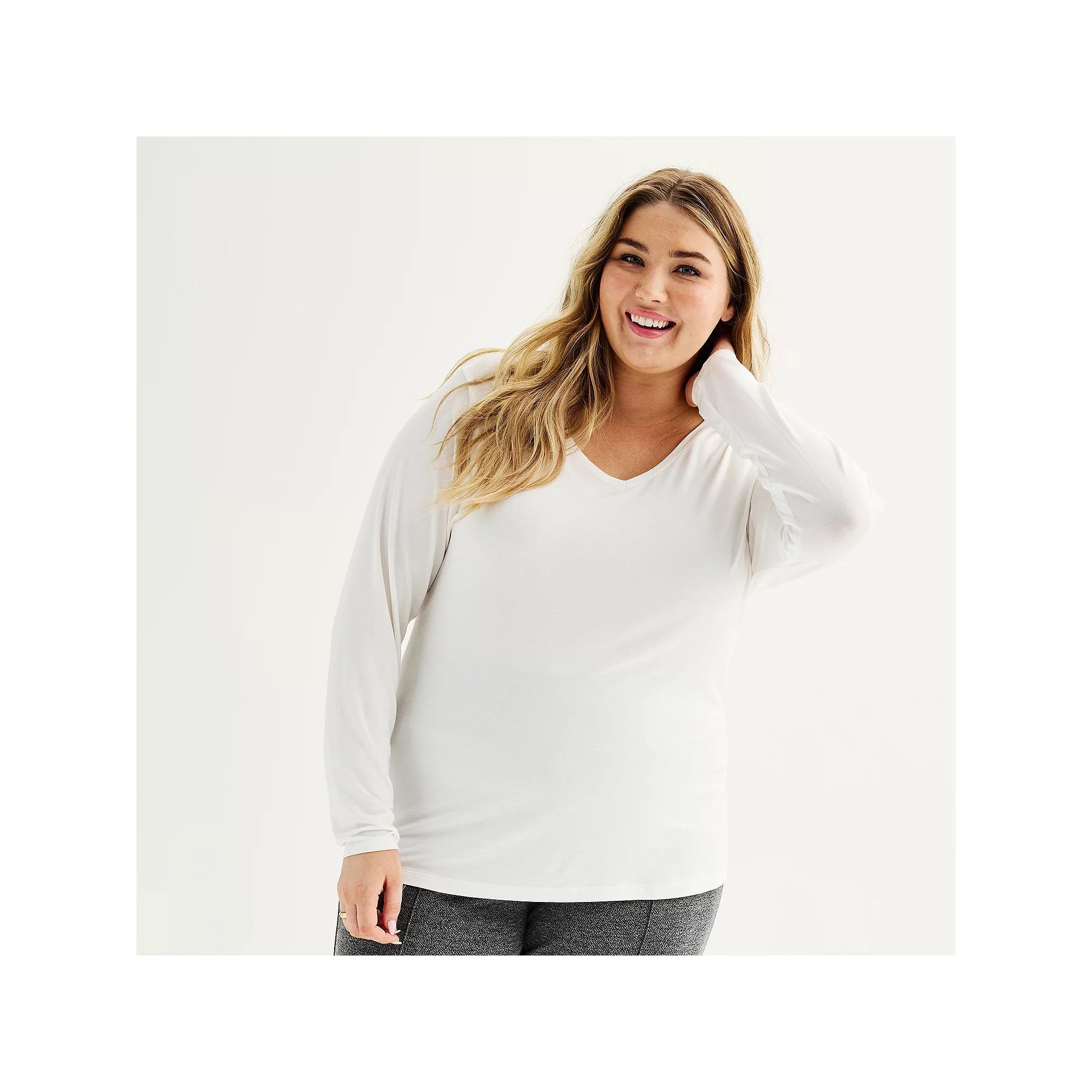 Plus Size Nine West Essential Soft Spun Long Sleeve V-Neck T-Shirt, Womens Product Image