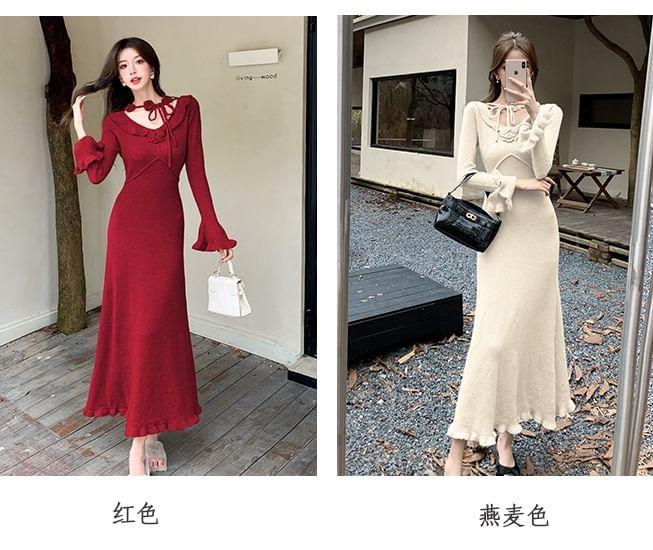 Long-Sleeve V-Neck Plain Floral Accent Ruffle Trim Tie Front Midi A-Line Dress Product Image