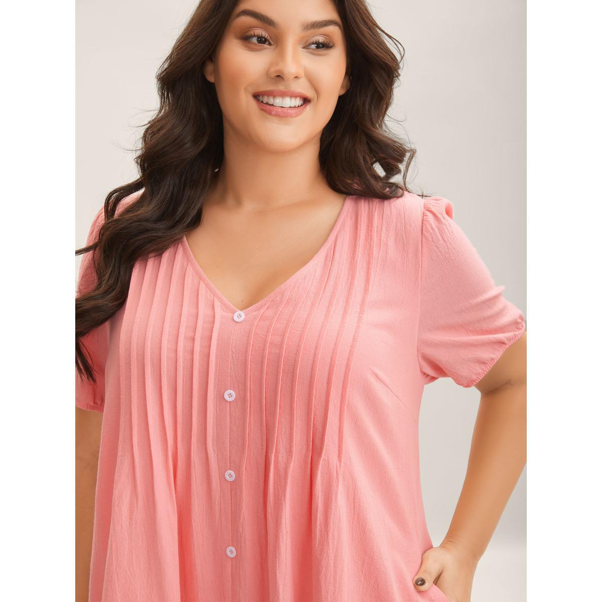 Plus Size Pure Cotton Toothpick Pleat Pockets Shirt Dress Watermelon Women V-neck Short sleeve Curvy BloomChic 10/M Product Image