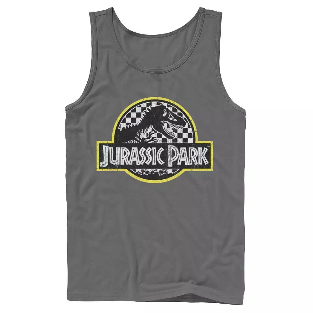 Men's Jurassic Park Checkered Classic Logo Tank Top, Size: Small, Grey Product Image