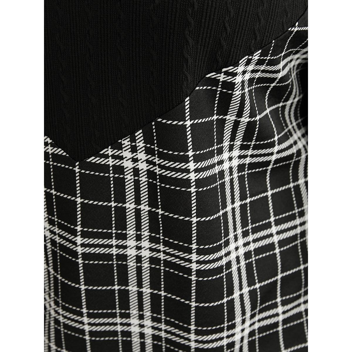 Plus Size Plaid Patchwork Button Detail Funnel Neck Sweatshirt Women Black Elegant Contrast Turtleneck Dailywear Sweatshirts BloomChic 26/4X Product Image