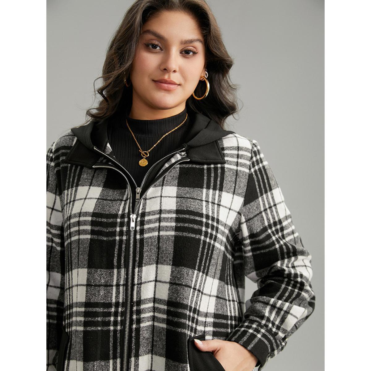 Plus Size Plaid Patchwork Zipper Contrast Hooded Jacket Women Black Contrast Pocket Everyday Jackets BloomChic 30/6X Product Image