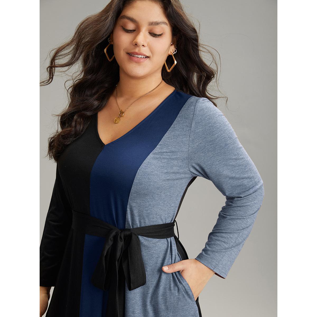 Plus Size Colorblock Patchwork Belted Pocket Long Sleeve Dress DarkBlue Women Casual Belted V-neck Long Sleeve Curvy Midi Dress BloomChic 26/4X Product Image
