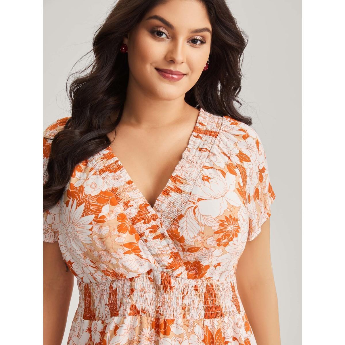 Plus Size Shirred Neck Floral Print Midi Dress Brightorange Women V-neck Cap Sleeve Curvy BloomChic 26/4X Product Image
