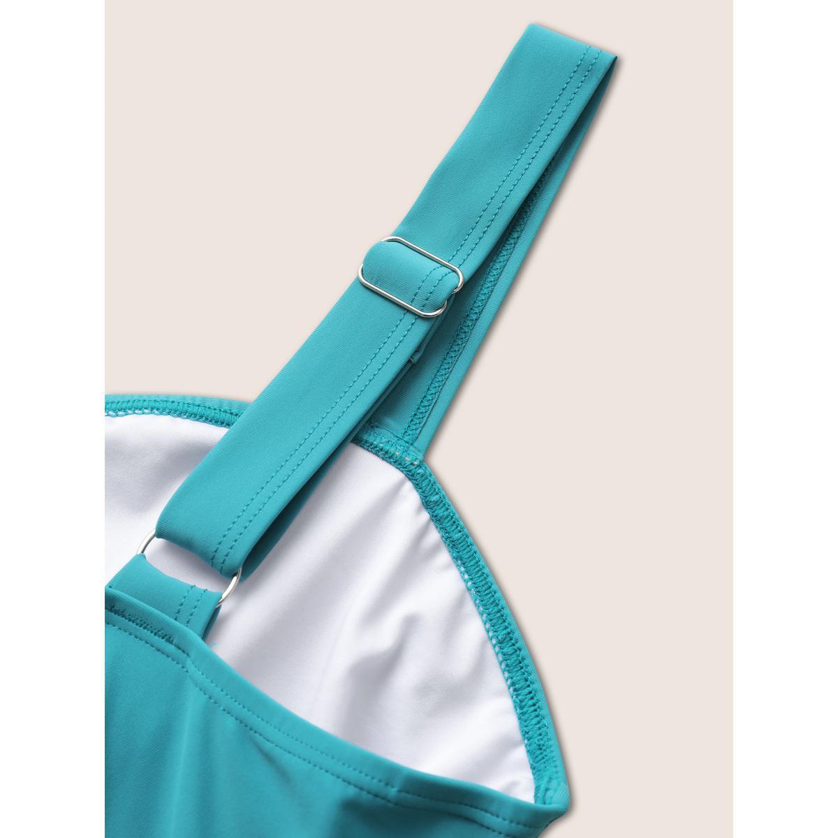 Plus Size Plain Crossover Gathered Detail Swim Dress Women's Swimwear Teal Beach Bodycon Heart neckline High stretch Curve Swim Dresses BloomChic 18-20/2X Product Image