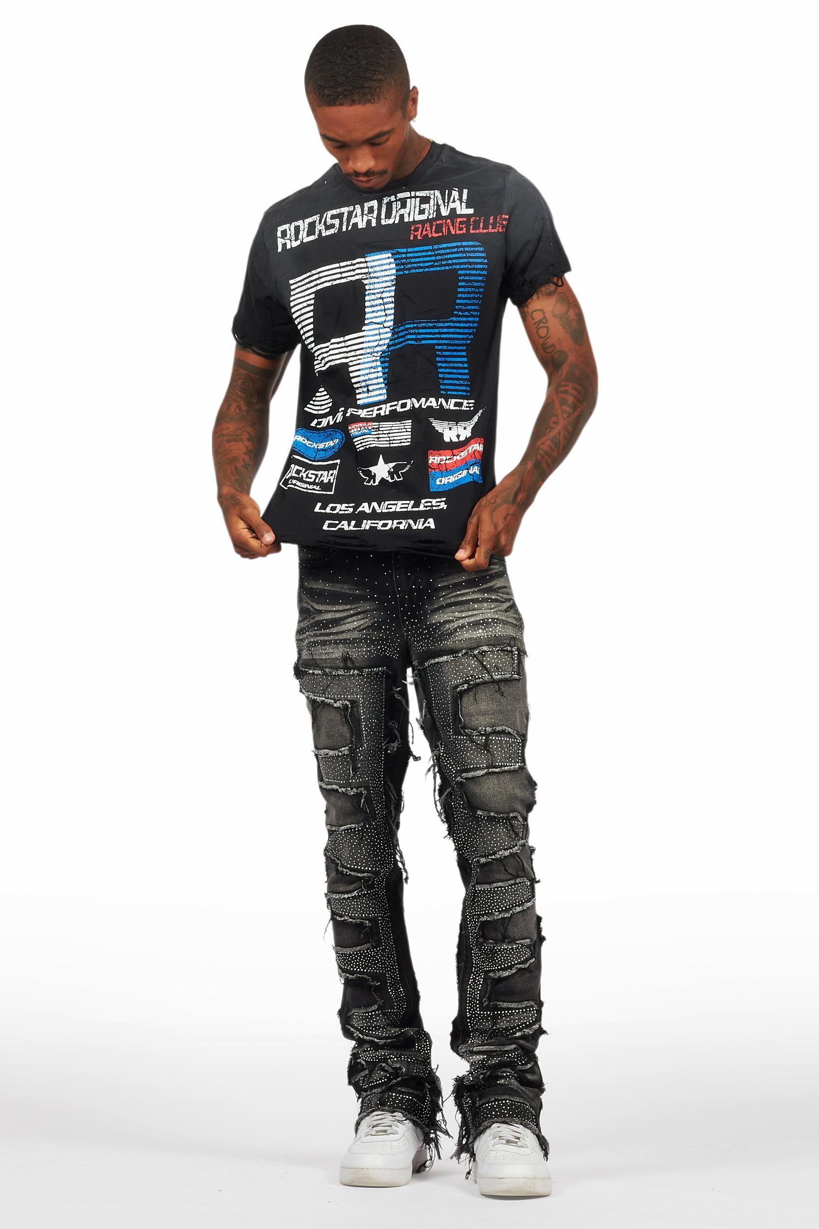 Shake Dark Grey Rhinestone Stacked Flare Jean Male Product Image