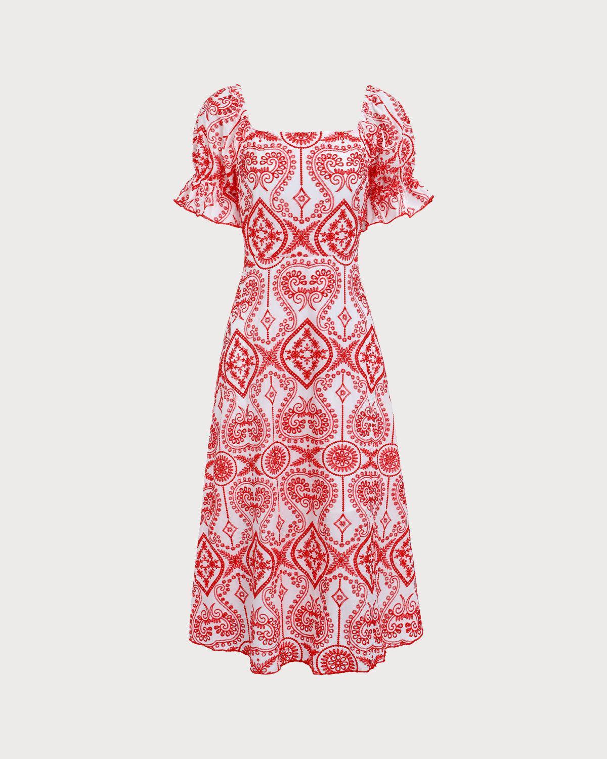 Women's Geometric Embroidery Ruffle Cotton Midi Dress Female Product Image