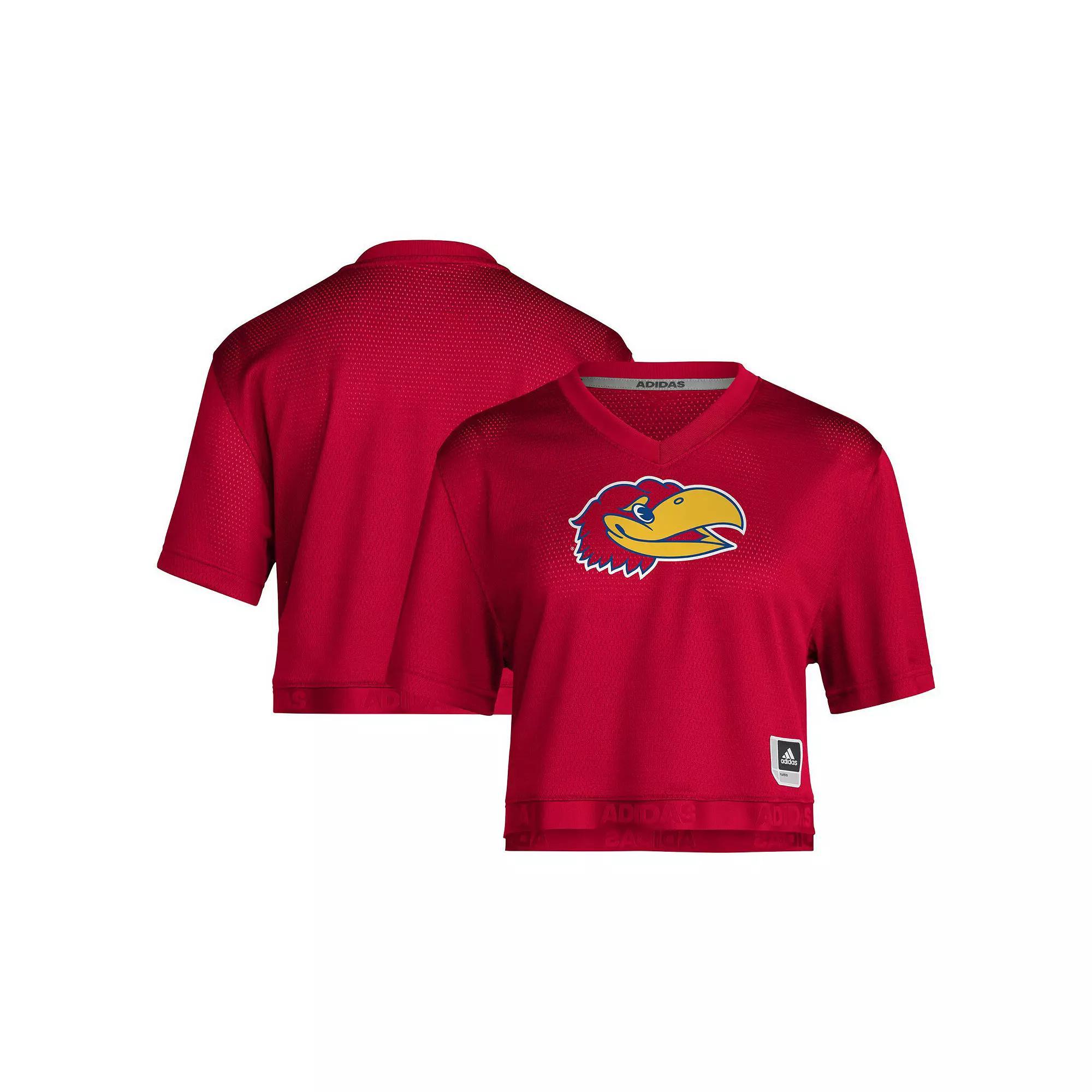 Women's adidas Red Kansas Jayhawks Primegreen V-Neck Cropped Jersey, Size: Large Product Image