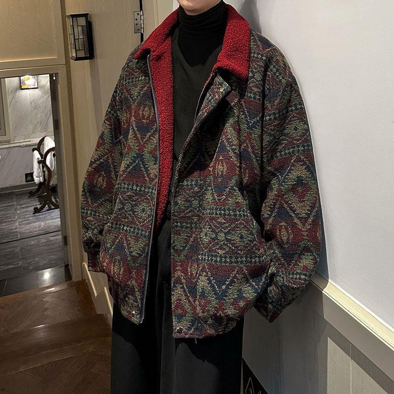 Long Sleeve Stand Collar Geometric Print Zip Up Coat Product Image