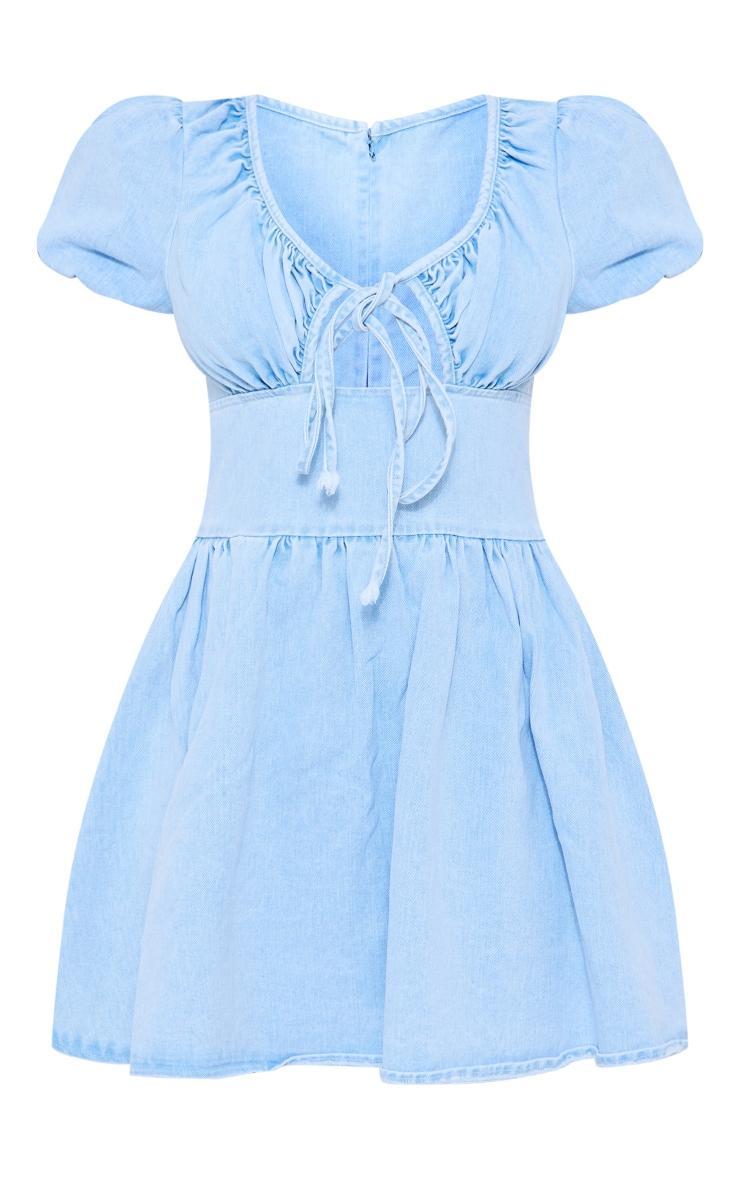 Light Blue Wash Puff Sleeve Fitted Waist Denim Dress Product Image