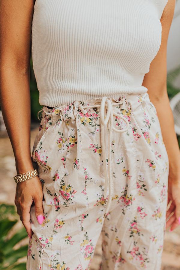 Free Spirit High Waist Floral Cargo Pants in Light Beige Product Image