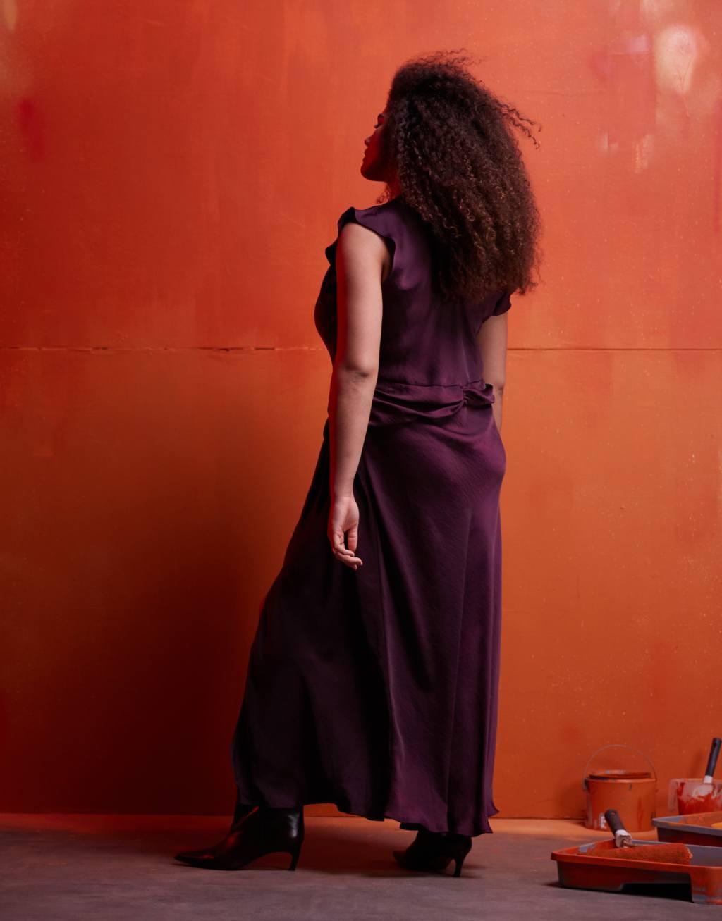 ASOS DESIGN Curve asymmetric satin dress with ruffle detail in dark purple Product Image