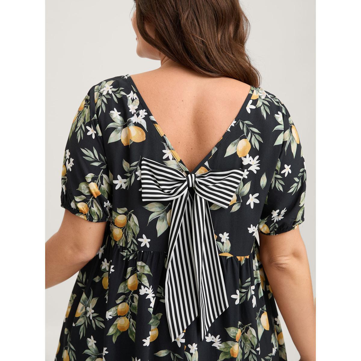Plus Size Black Citrus Print Bow Backless Blouse Women Short sleeve Round Neck Everyday-Casual Blouses BloomChic 14-16/1X Product Image