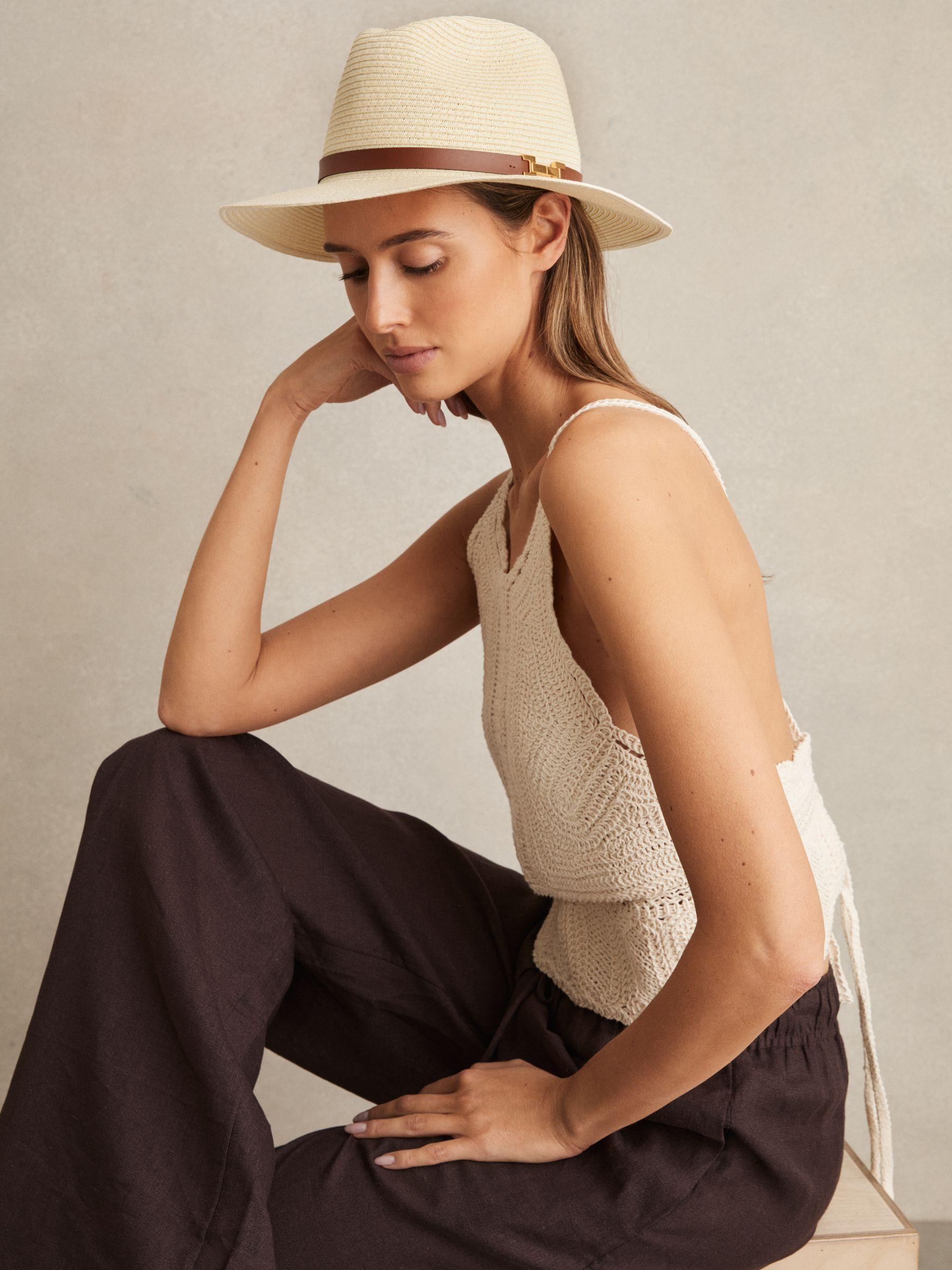 Faux Leather Trim Woven Hat in Natural Product Image