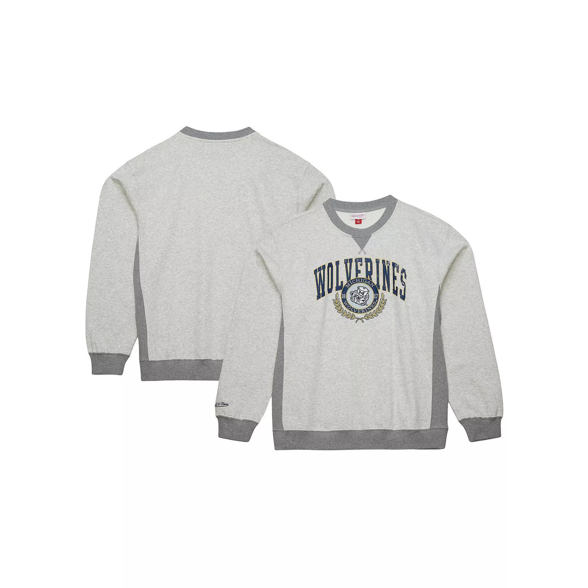 Men's Mitchell & Ness Heather Gray Michigan Wolverines Arched Fleece Crewneck Pullover Sweatshirt, Size: XL, Grey Product Image